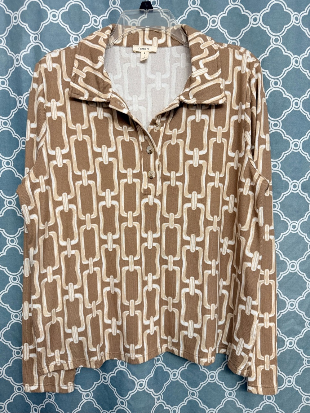 Women’s Beige Chain-Print Long Sleeve Polo Top Buttery Soft